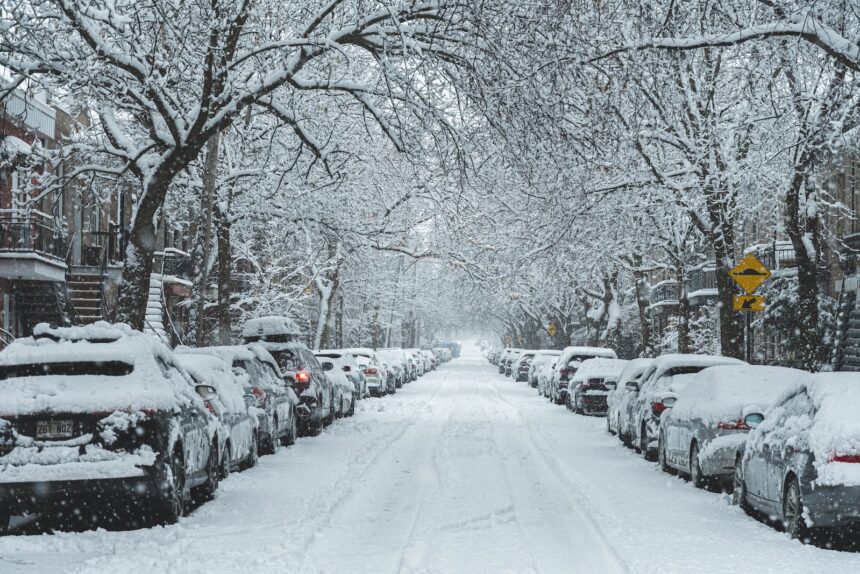 snow covered road with cars parked on side