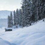 Serene snow-covered scene in Gulmarg's winter wonderland, with mountains and forests.