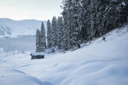 Serene snow-covered scene in Gulmarg's winter wonderland, with mountains and forests.