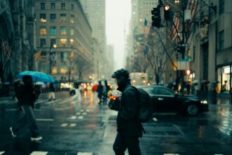 A man walking across a street holding an umbrella