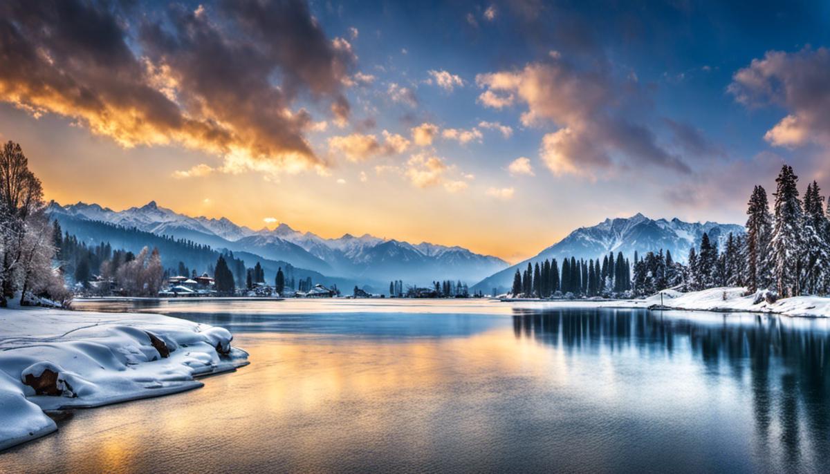 A majestic winter landscape in Kashmir with snow-covered mountains and a frozen lake.