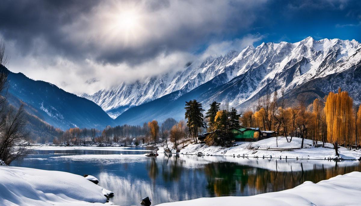 A picturesque view of snow-covered mountains in Kashmir, showcasing the impact of weather on the region's landscape and activities.