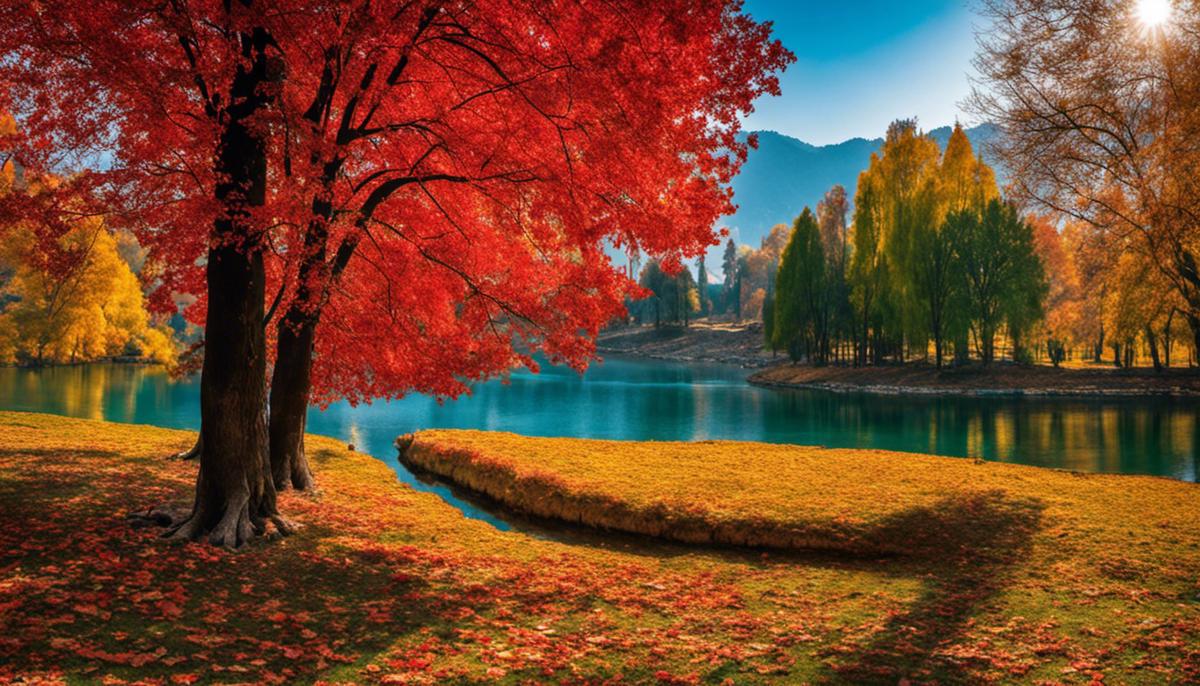 A serene image of autumn in Kashmir, with Chinar trees displaying vibrant red leaves against a clear blue sky.