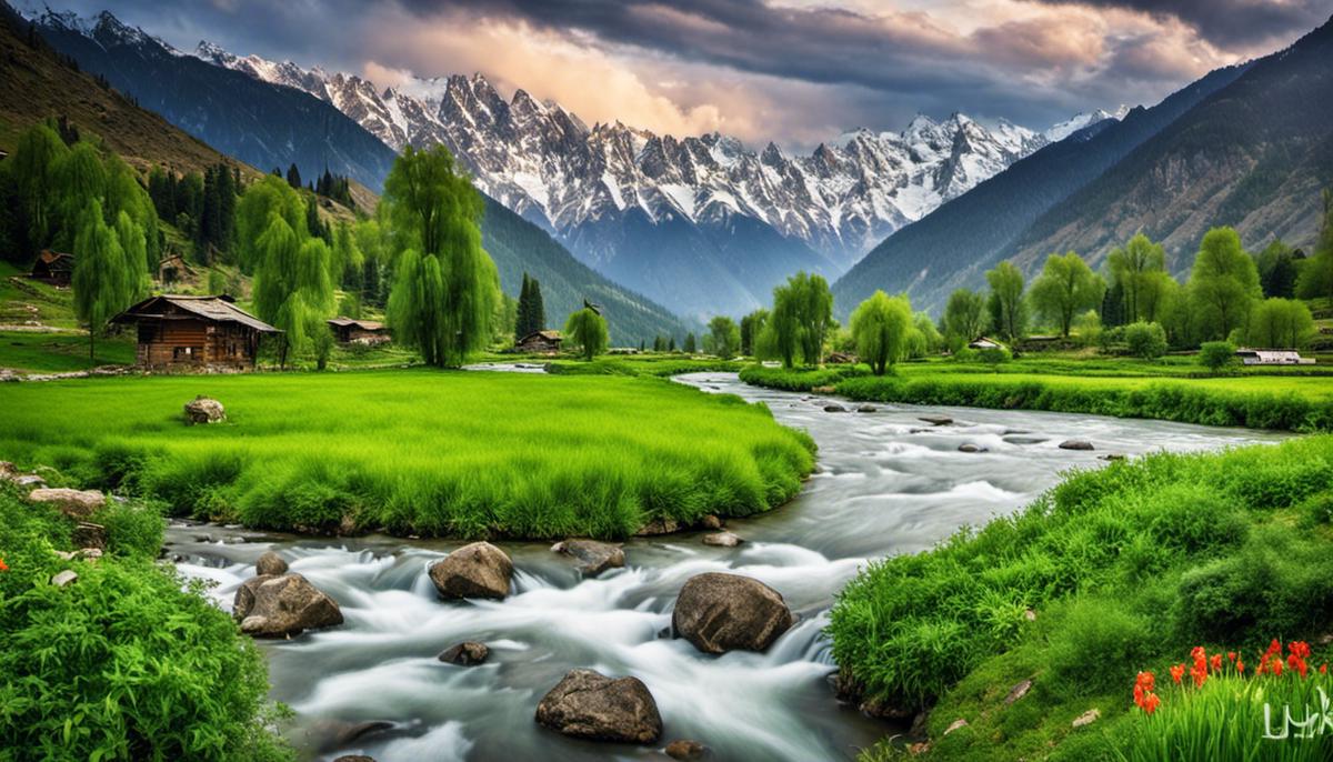 A picture showing the diverse climate of Kashmir, with snow-capped mountains, a river, and green fields.