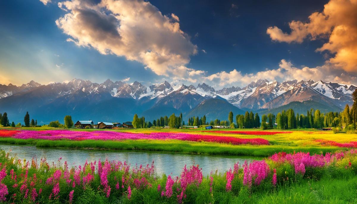 A picturesque view of Kashmir during summer, with colorful meadows and snow-capped mountains in the background