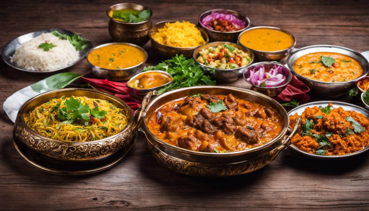A plate of colorful Kashmiri dishes served on a table, showcasing the vibrant flavors and traditions of Kashmiri cuisine.