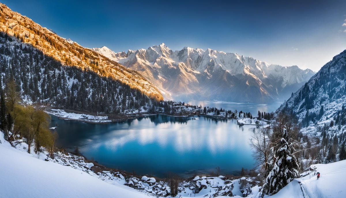 A mesmerizing view of snow-covered mountains in Kashmir with a frozen lake in the foreground.