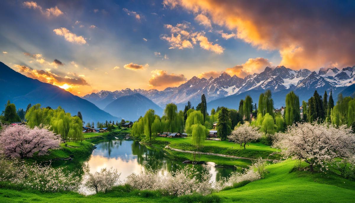 The image depicts the mesmerizing beauty of Kashmir during summer, with delicate apple blossoms and snowy peaks of the Himalayas.