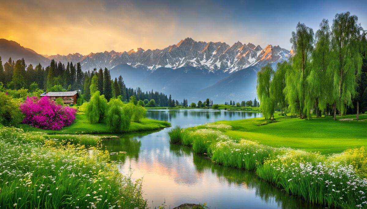 A serene image of lush green landscapes, blooming flowers, and snow-capped mountains in Kashmir during summer.