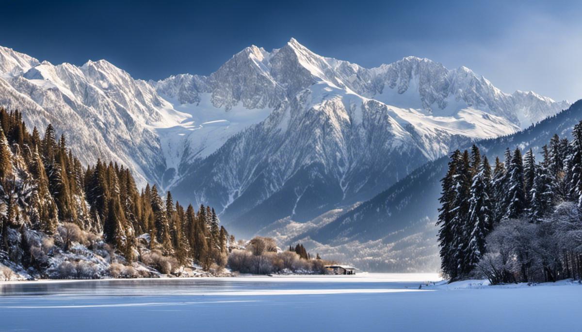 A stunning winter landscape of snow-covered mountains and a frozen lake in Kashmir